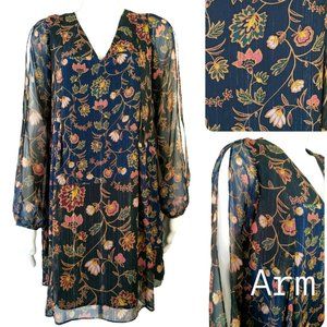 BCBGeneration Floral Dress size Small S Gold Thread, Slit Sleeve, BCBGMaxAzria